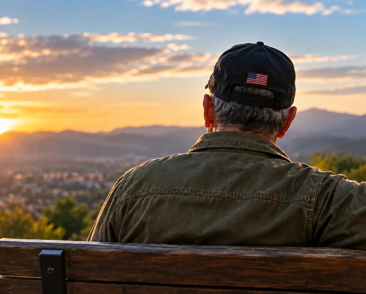 Veteran reflecting near an American flag