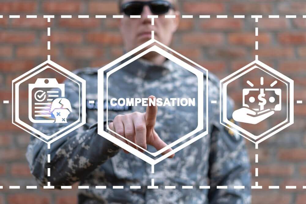 Military concept of soldiers compensation. Financial compensations a combat veterans and officer of army.