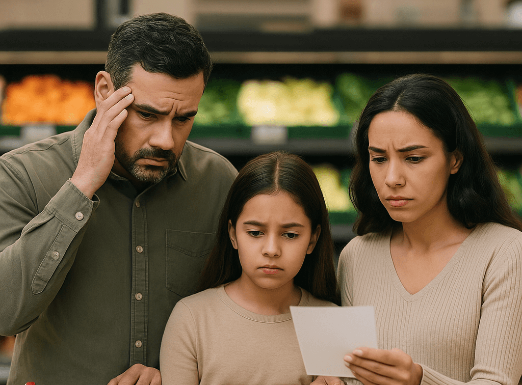 A concerned Michigan family reviews their grocery list in a supermarket, worried about food costs during the temporary pause in SNAP benefits.