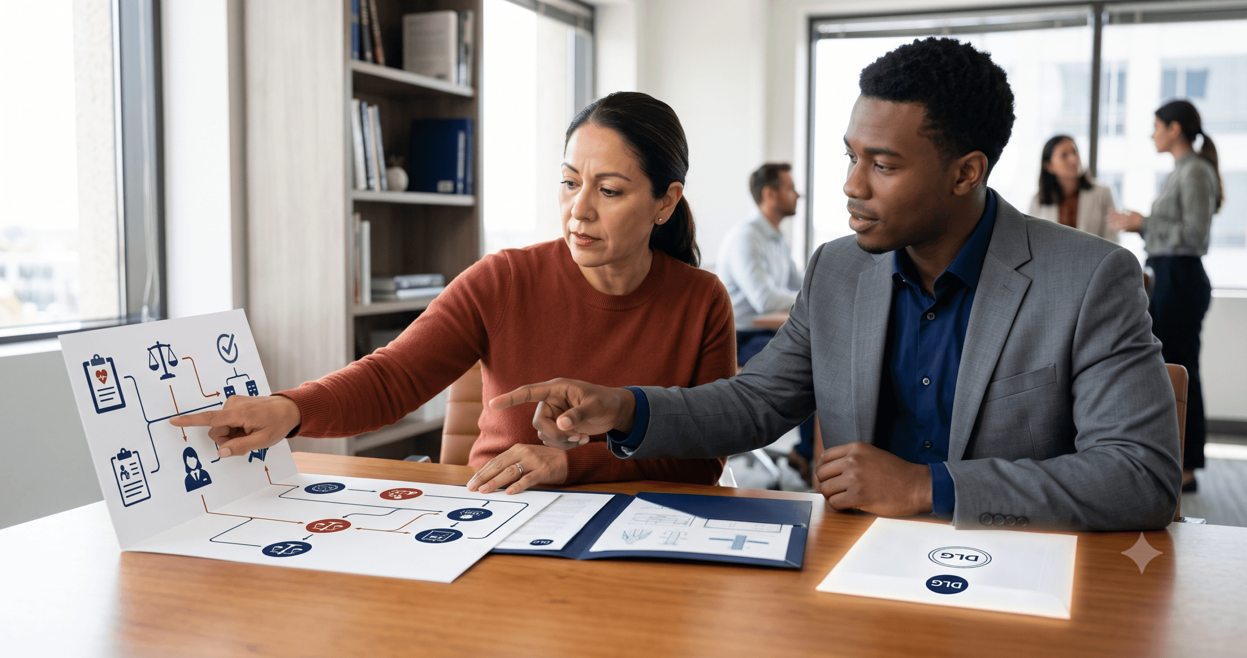 A diverse legal team—a middle-aged Latina claimant pointing at a text-free infographic roadmap and a supportive young Black attorney reviewing illustrative data in a clean, professional law office—preparing for an SSI appeal hearing, illustrating strategic collaboration for improved chances in 2026.