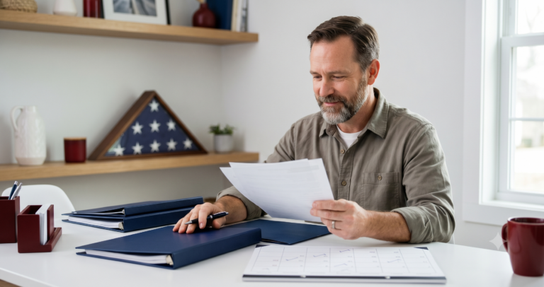A veteran at a desk organizing paperwork and a calendar, illustrating a timeline for how far back VA disability back pay can go.