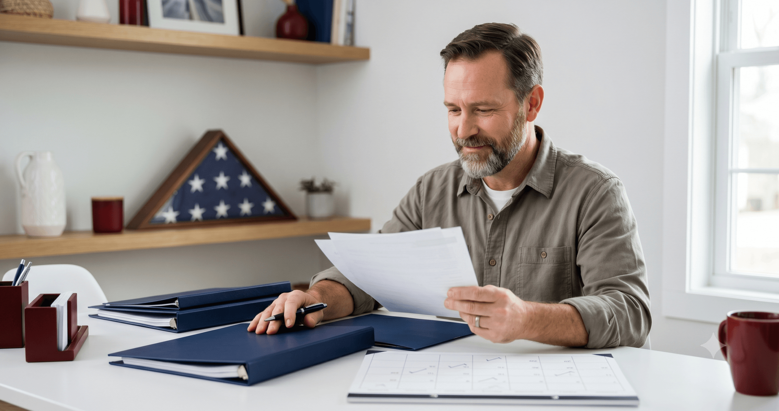 A veteran at a desk organizing paperwork and a calendar, illustrating a timeline for how far back VA disability back pay can go.