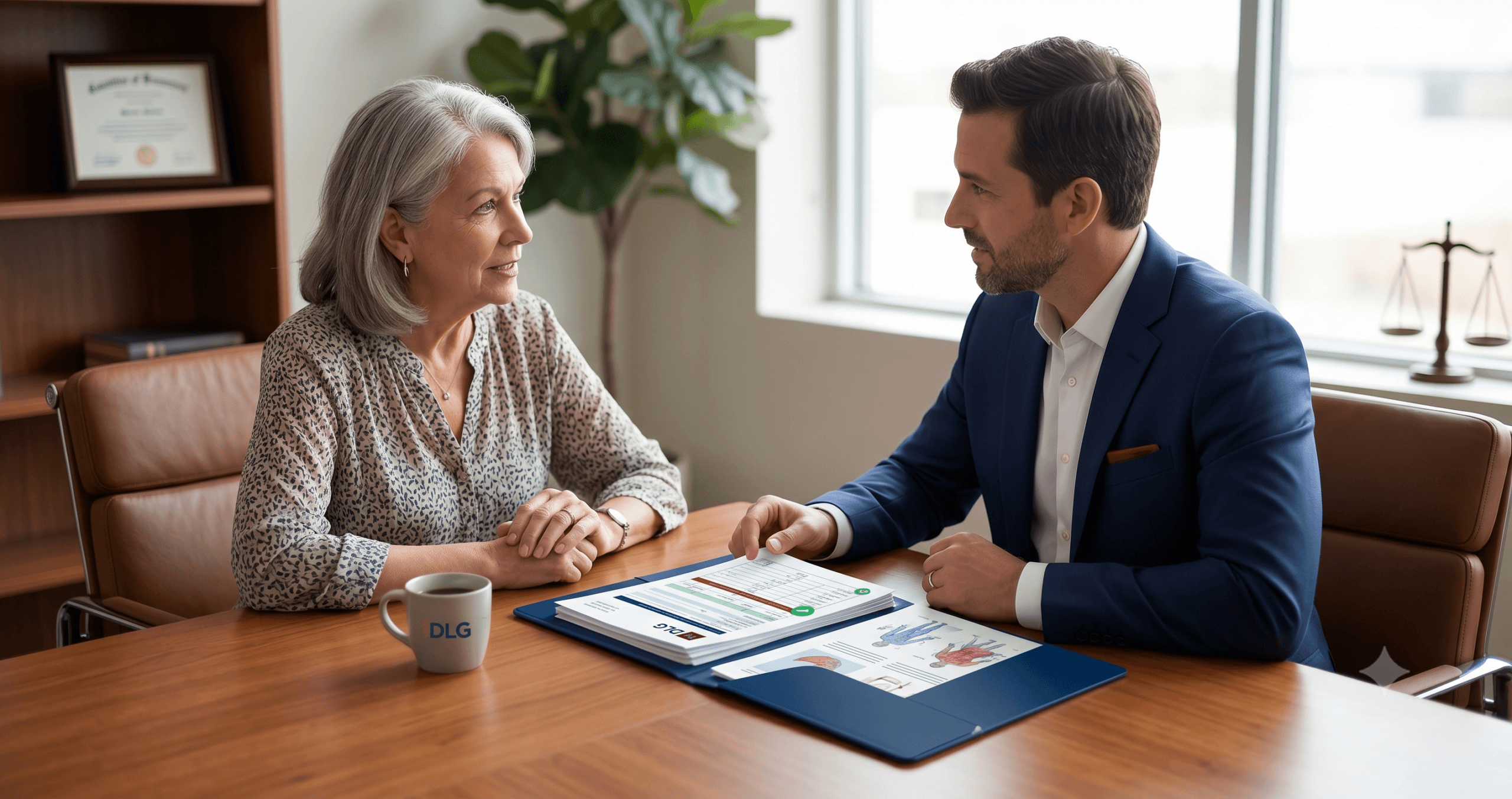 A Disability Law Group attorney and an SSDI claimant collaborate on reviewing key evidence, with organized documents and highlighted medical information, preparing for a hearing.