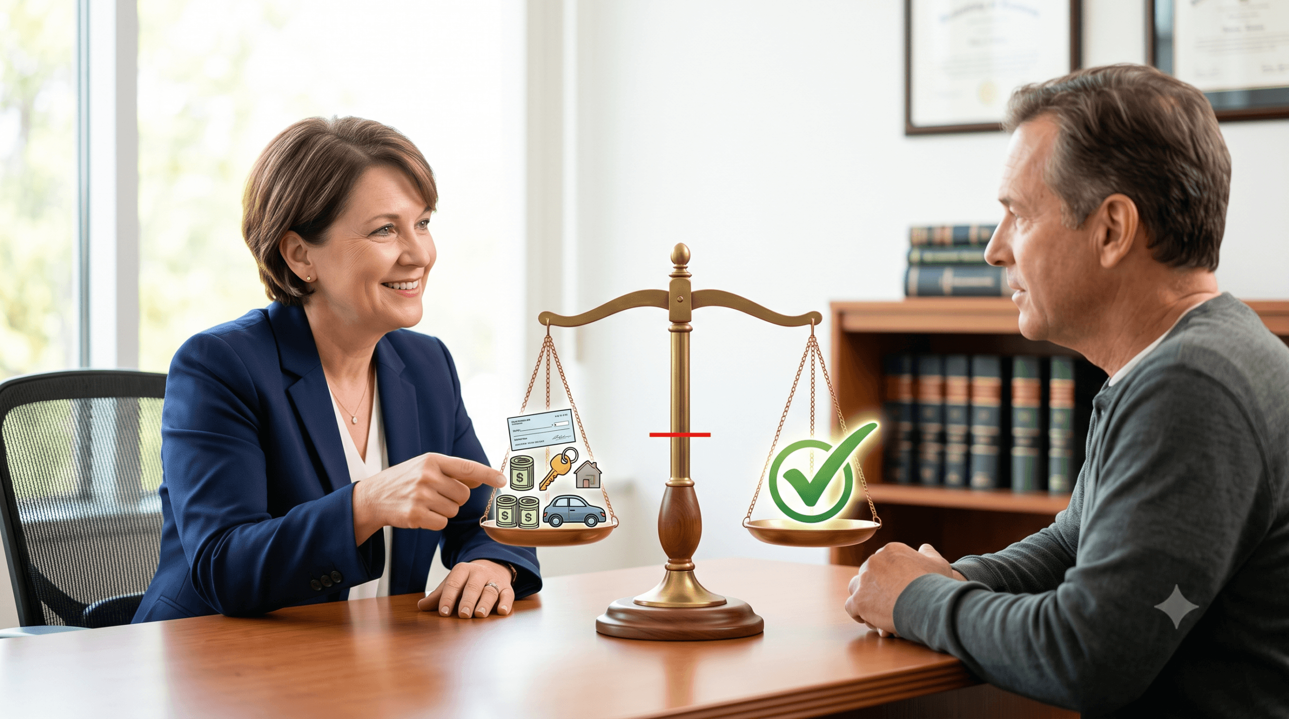 A Disability Law Group attorney points to a symbolic balance scale that weighs income and asset resources—such as a check, cash, keys, a house, and a vehicle—against an approval checkmark, demonstrating financial eligibility rules for Supplemental Security Income (SSI) without text.