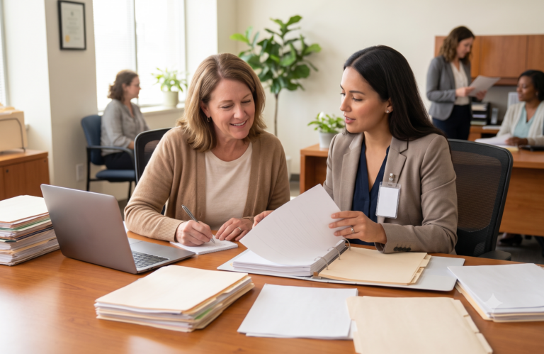An empathetic claimant and a supportive professional partner collaborating over organized medical records, treatment history charts, and doctor statements to build a stronger Social Security Disability Insurance claim.