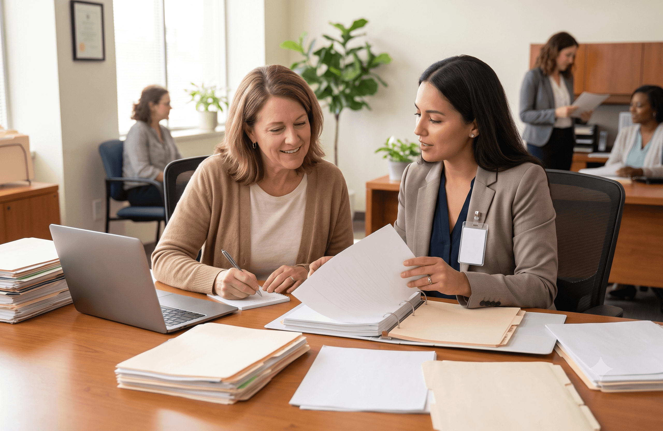 An empathetic claimant and a supportive professional partner collaborating over organized medical records, treatment history charts, and doctor statements to build a stronger Social Security Disability Insurance claim.