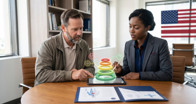 A veteran and a Disability Law Group attorney collaborate at a modern office table, collaboratively reviewing a non-textual concentric chart visualization of VA disability ratings on a tablet, illustrating levels of service-connected functional impairment and impact without using text or numbers