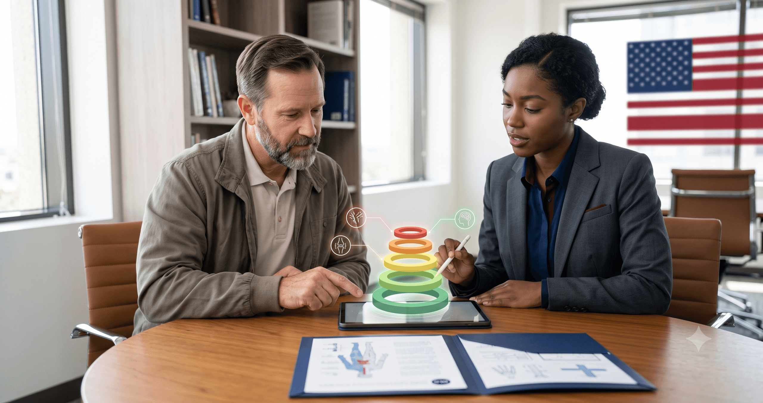 A veteran and a Disability Law Group attorney collaborate at a modern office table, collaboratively reviewing a non-textual concentric chart visualization of VA disability ratings on a tablet, illustrating levels of service-connected functional impairment and impact without using text or numbers