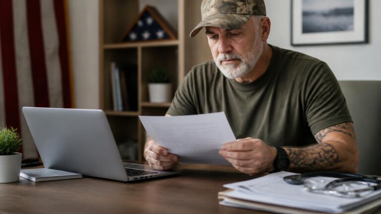 Veteran reviewing paperwork and medical documents at a desk for a VA disability claim