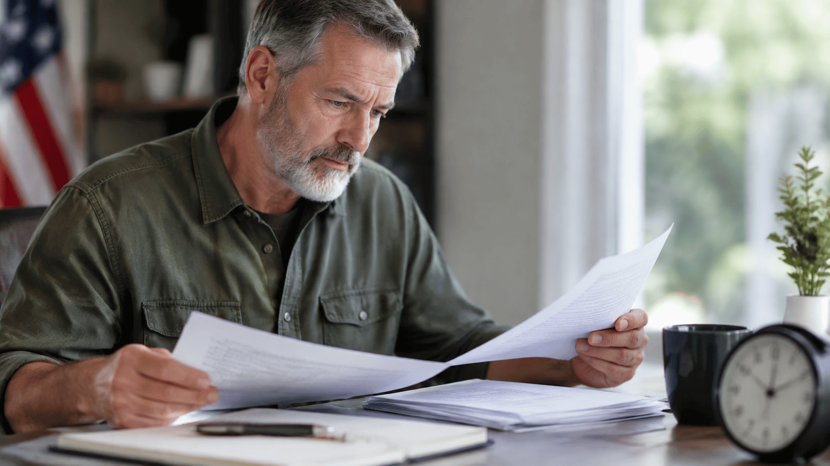 Veteran reviewing VA disability claim documents while learning about effective dates and potential back pay